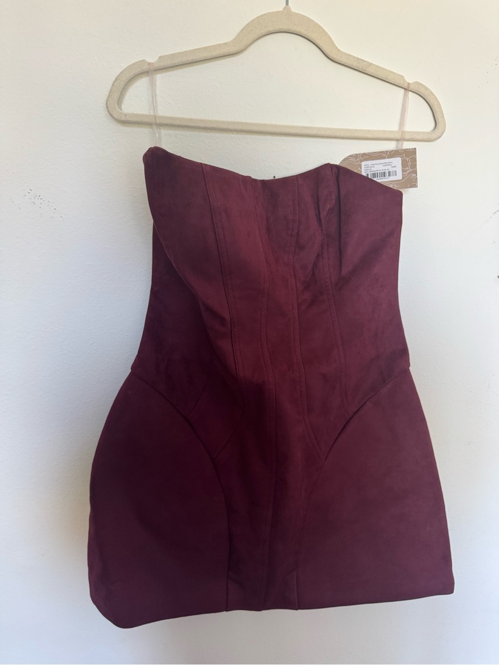 MESHKI Strapless Burgundy Suede Mini Dress